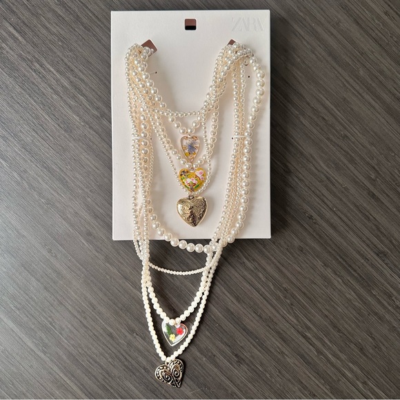 Zara Layered Faux Pearl Necklace with Heart Pendants - Picture 3 of 7